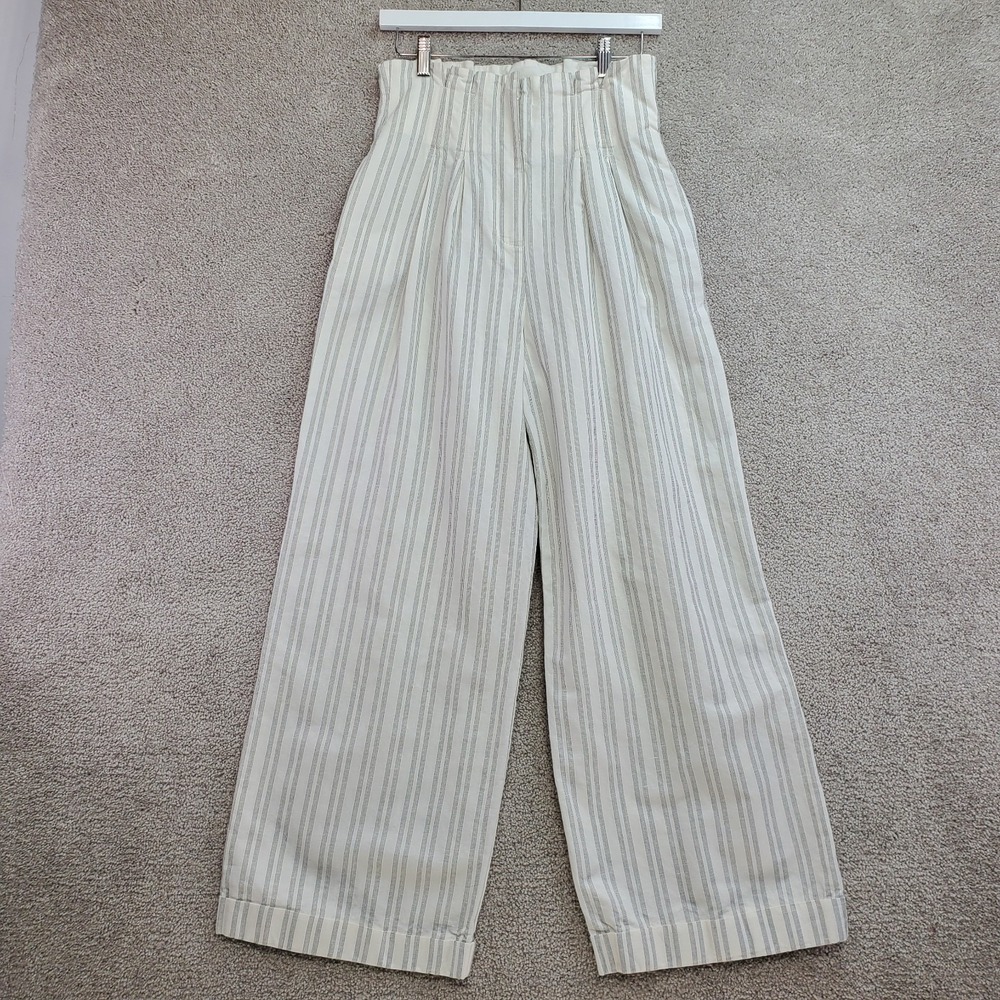 Rebecca Taylor Pants Womens 4 White Black Stripe Linen Blend Cuff Wide Leg Crop